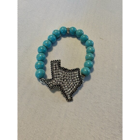 Turquoise Beaded Stretch Bracelet With Rhinestone Texas State Pendant - Picture 1 of 7